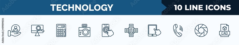 Poster set of 10 technology web icons in outline style. thin line icons such as client, digitate, basic cal
