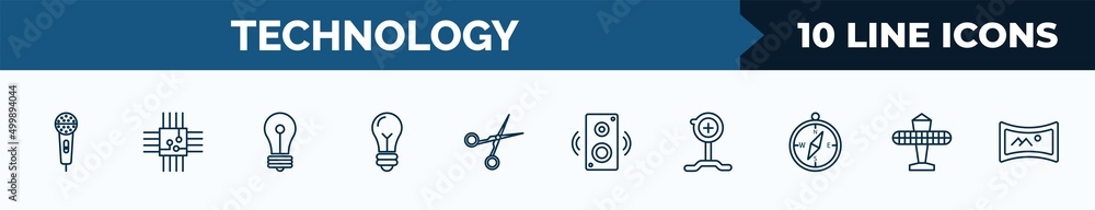Aufkleber set of 10 technology web icons in outline style. thin line icons such as basic microphone, big chip,