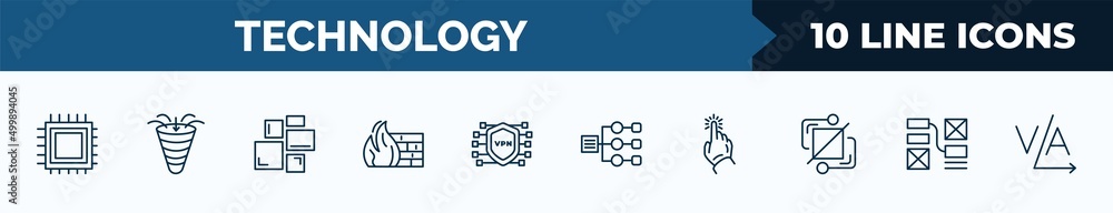 Poster set of 10 technology web icons in outline style. thin line icons such as embedding, sales funnel, gr
