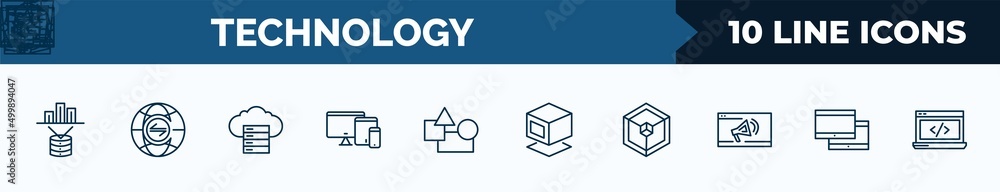 Poster set of 10 technology web icons in outline style. thin line icons such as data visualization, interne