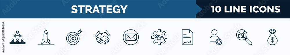 Poster set of 10 strategy web icons in outline style. thin line icons such as conference, startup, target, 
