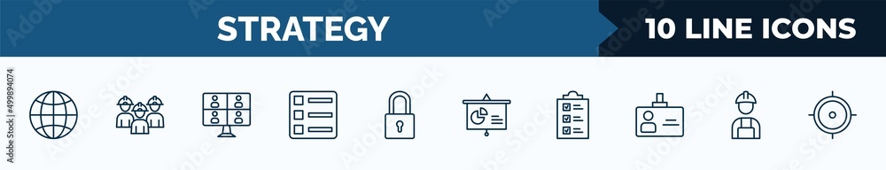 Poster set of 10 strategy web icons in outline style. thin line icons such as website, workers, video confe
