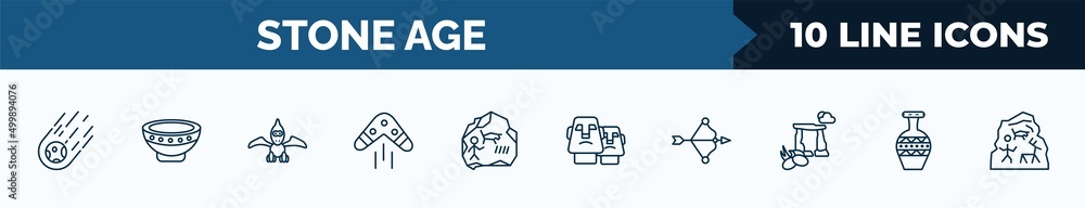 Poster set of 10 stone age web icons in outline style. thin line icons such as meteorite, plate, pterodacty