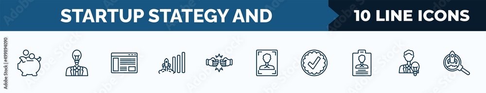 Aufkleber set of 10 startup stategy and web icons in outline style. thin line icons such as piggybank, startup