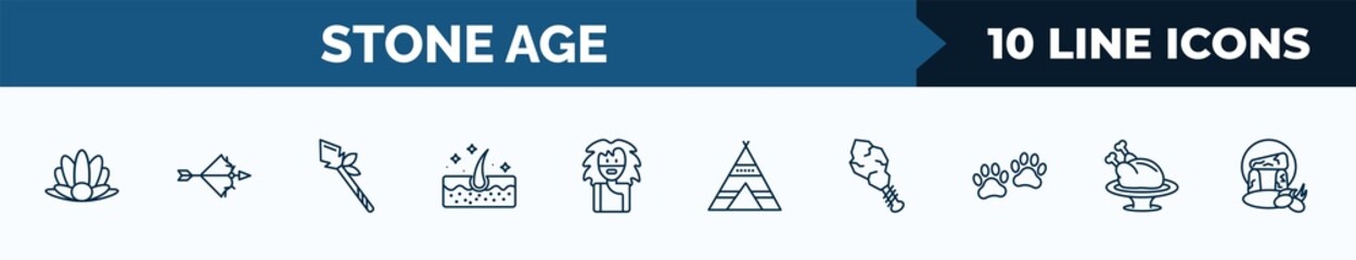 set of 10 stone age web icons in outline style. thin line icons such as shellfish, bow, spear, skin, troglodyte, tipi, cudgel, roast chicken vector illustration. © IconArt