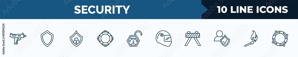 Poster set of 10 security web icons in outline style. thin line icons such as uzi, black shield, protector,