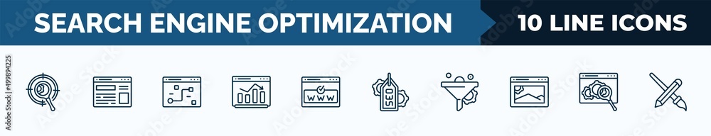 Aufkleber set of 10 search engine optimization web icons in outline style. thin line icons such as targeting, 