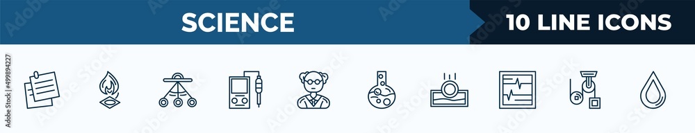 Poster set of 10 science web icons in outline style. thin line icons such as notes, burner, oscillation, ph