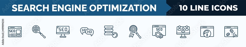 Poster set of 10 search engine optimization web icons in outline style. thin line icons such as home page, 