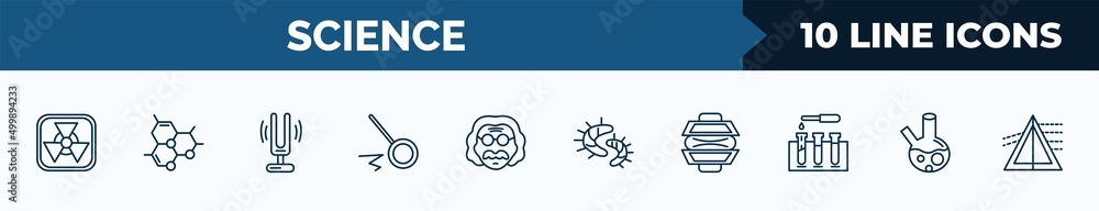 Poster set of 10 science web icons in outline style. thin line icons such as radioactivity, molecules, soun
