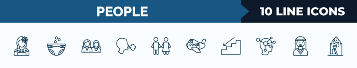 set of 10 people web icons in outline style. thin line icons such as mexican woman, baby diaper, friends, cough, restroom, aviation, downstairs, bedouin vector illustration.