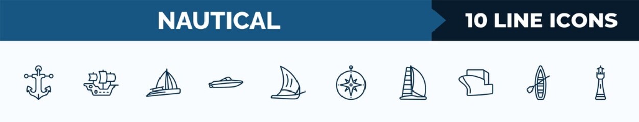 set of 10 nautical web icons in outline style. thin line icons such as marine, caravel, gunboat, speedboat, felucca, azimuth compass, scow, skiff vector illustration.