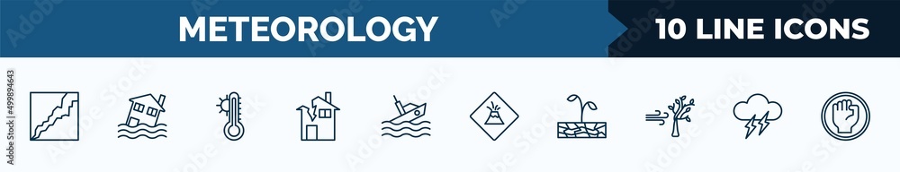 Poster set of 10 meteorology web icons in outline style. thin line icons such as cracked ground, flooding h