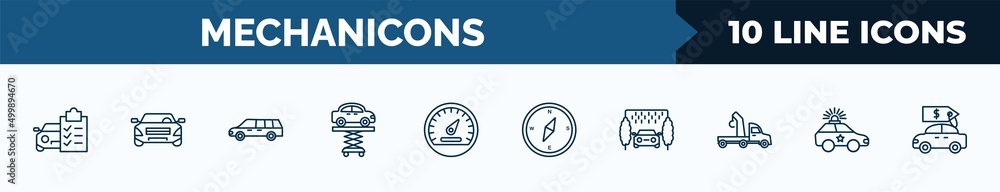 Poster set of 10 mechanicons web icons in outline style. thin line icons such as car repair check list, rec