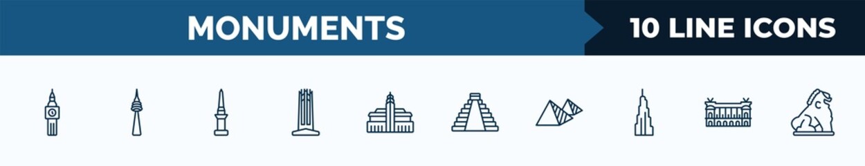 set of 10 monuments web icons in outline style. thin line icons such as the clock tower, , philippines, circle, hassan mosque, maya pyramid, egyptian, palais garnier vector illustration. - obrazy, fototapety, plakaty