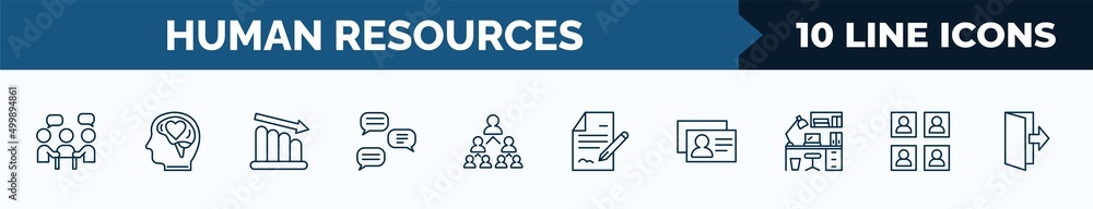 Poster set of 10 human resources web icons in outline style. thin line icons such as teamwork, emotional in
