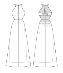 Women midi Dress fashion technical drawing template.  Girls Sleeveless Dress fashion flat sketch template. Cotton cutouts Dress fashion cad design, front and back, white.