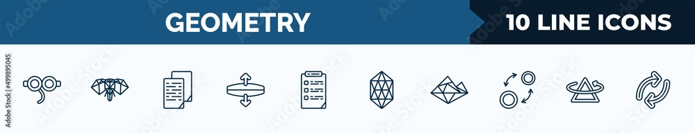 Poster set of 10 geometry web icons in outline style. thin line icons such as off, polygonal elephant, copy