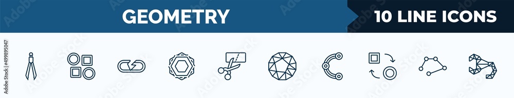 Poster set of 10 geometry web icons in outline style. thin line icons such as construction, array, break, f