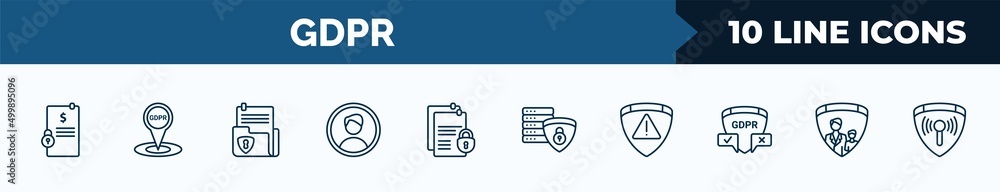 Poster set of 10 gdpr web icons in outline style. thin line icons such as penalty, address, document, accou