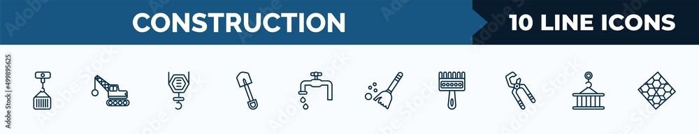 Poster set of 10 construction web icons in outline style. thin line icons such as derrick with load, derric