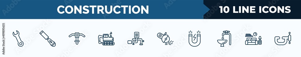 Poster set of 10 construction web icons in outline style. thin line icons such as spanner, chisel, inclined