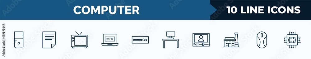 Poster set of 10 computer web icons in outline style. thin line icons such as pc tower, data page, televisi
