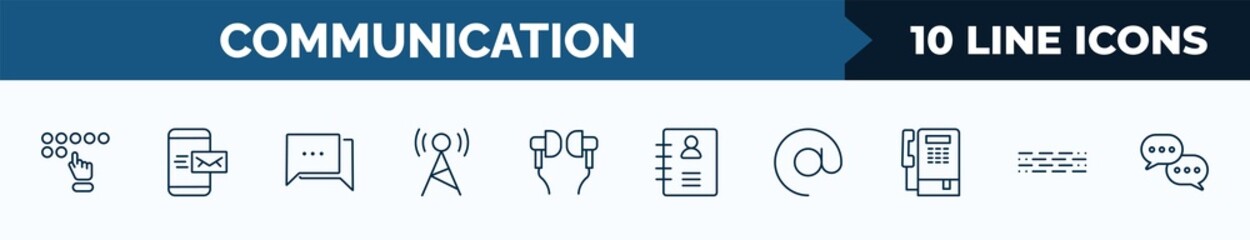 set of 10 communication web icons in outline style. thin line icons such as braille, mobile with envelope, talking, radio antenna, hands free, contacts, arroba, morse code vector illustration. © IconArt