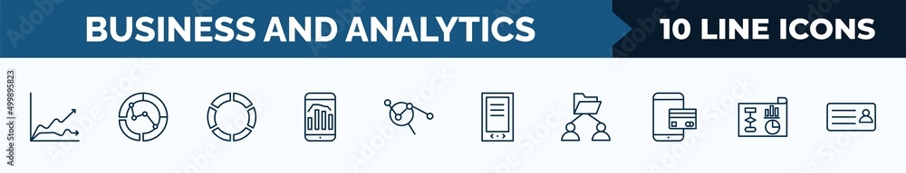Poster set of 10 business and analytics web icons in outline style. thin line icons such as data wave, merg