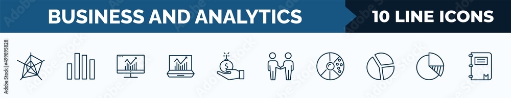Poster set of 10 business and analytics web icons in outline style. thin line icons such as radar chart, ba