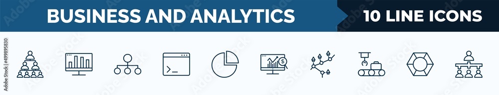 Poster set of 10 business and analytics web icons in outline style. thin line icons such as hierarchy, bars