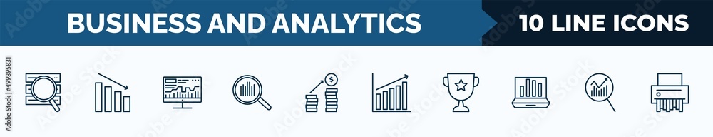 Poster set of 10 business and analytics web icons in outline style. thin line icons such as stock data anal