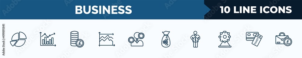 Poster set of 10 business web icons in outline style. thin line icons such as portion pie chart, measuring 