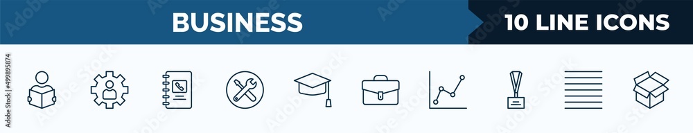 Poster set of 10 business web icons in outline style. thin line icons such as reader, expert, address book,