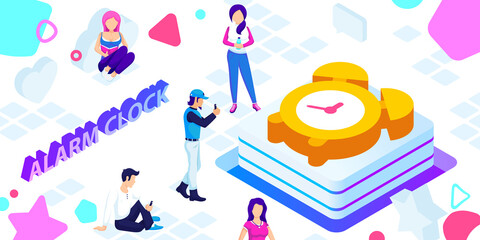 Alarm clock isometric design icon. Vector web illustration. 3d colorful concept
