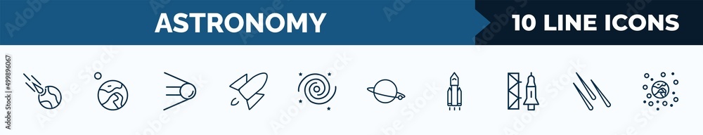 Poster set of 10 astronomy web icons in outline style. thin line icons such as meteorite falling, earth and