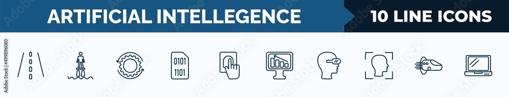 Poster set of 10 artificial intellegence web icons in outline style. thin line icons such as road, flyboard