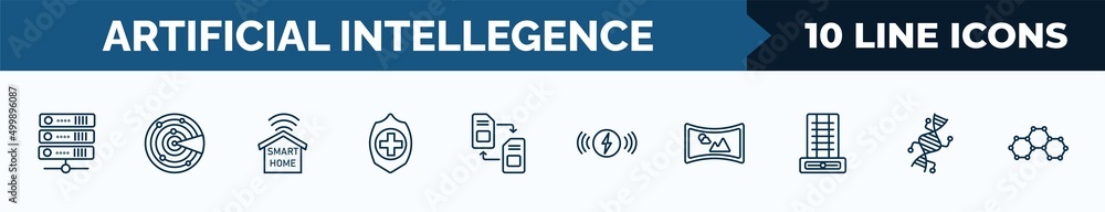 Poster set of 10 artificial intellegence web icons in outline style. thin line icons such as servers, detec