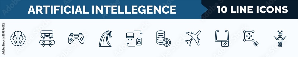 Poster set of 10 artificial intellegence web icons in outline style. thin line icons such as brain, high sp