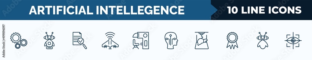 Poster set of 10 artificial intellegence web icons in outline style. thin line icons such as hine, robots, 