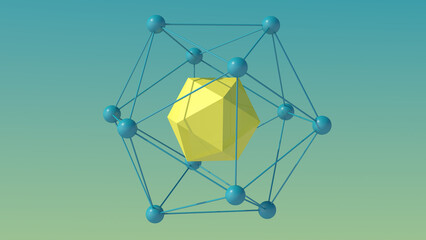 Yellow polyhedron and blue mesh. Abstract illustration, 3d, render. - obrazy, fototapety, plakaty