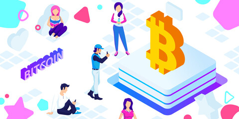 Bitcoin isometric design icon. Vector web illustration. 3d colorful concept