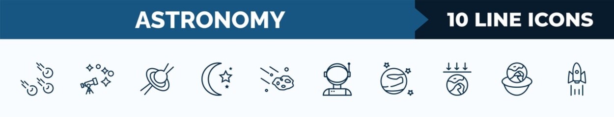 set of 10 astronomy web icons in outline style. thin line icons such as meteorites, astronomy, quasar, crescent moon, aerolite, astronaut ingravity, mars with satellite, relativity vector © IconArt