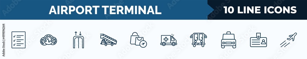 Aufkleber set of 10 airport terminal web icons in outline style. thin line icons such as control check, flight