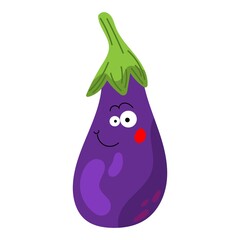 Cute happy eggplant vegetable kawaii character. Colorful design for cards, banners, shopping bag, t-shirt, apparel, clothes,. Funny doodle style emoticons. Flat icon isolated on white background.