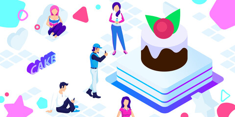 Cake isometric design icon. Vector web illustration. 3d colorful concept