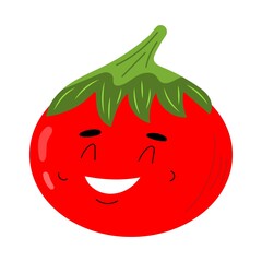 Cute happy tomato vegetable kawaii character. Colorful design for cards, banners, shopping bag, t-shirt, apparel, clothes,. Funny doodle style emoticons. Flat icon isolated on white background.