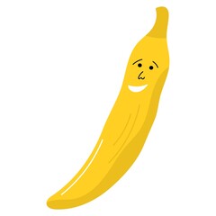 Cute happy banana fruit kawaii character. Colorful design for cards, banners, shopping bag, t-shirt, apparel, clothes,. Funny doodle style emoticons. Flat icon isolated on white background.
