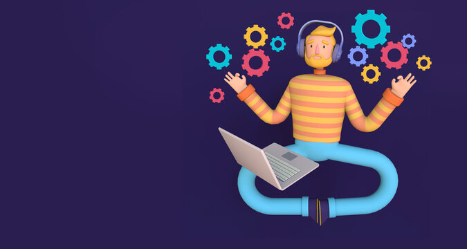 Technical leader in meditation pose Web development, programmer engineering and coding website. Concept of script coding for beginners. Trendy 3d illustration.