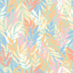 Cute colorful seamless pattern with hand drawn leaves and branches. Botanical vector background. Simple trendy floral print for fabric, wallpaper, stationery, wrapping paper